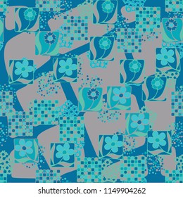 Seamless pattern. Flowers, mosaic, pentagonal cheese. A background grid composed of thick curved lines.