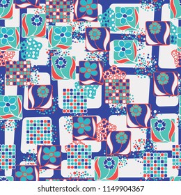 Seamless pattern. Flowers, mosaic, pentagonal cheese. The background grid is made up of different rounded quadrilaterals.