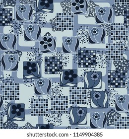 Seamless pattern. Flowers, mosaic, pentagonal cheese. The background grid is made up of different rounded quadrilaterals.