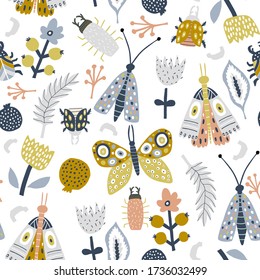 Seamless pattern with flowers, moth, butterfly, leaves. Creative floral texture. Great for fabric, textile Vector Illustration