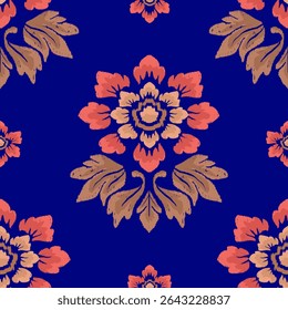 seamless pattern with flowers, Motif ethnic ikat seamless textile illustration, embroidery, print striped ornament floral, pattern, design for wrapping, silk, scarf, background, textile, carpet, bag