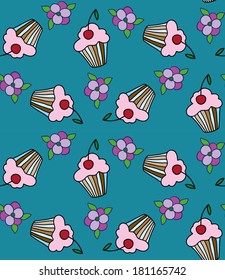 seamless pattern with flowers and muffins