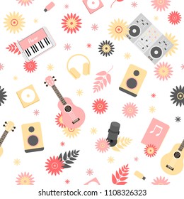 Seamless pattern with flowers, musical instruments and DJ console