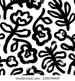Seamless pattern with flowers in naive style. Bold geometric flowers with petals and leaves. Abstract daisy and chamomile branches. Ornament in retro style with plants drawn with thick strokes.