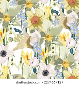 Seamless pattern with flowers narcissus, floral illustration in modern style.  Floral pattern for invitations, cards, print, gift wrap, manufacturing, textile, fabric.