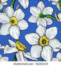Seamless pattern with flowers of Narcissus. Hand drawn sketch. Template for textile floral design