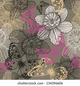 Seamless pattern with flowers narcissus and pink butterflies, hand drawing. Vector illustration.