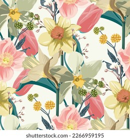 Seamless pattern with flowers narcissus, tulips on beige background, floral illustration in modern style.  Floral pattern for invitations, cards, print, gift wrap, manufacturing, textile, fabric.