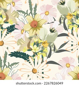 Seamless pattern with flowers narcissus, tulips, floral illustration in modern style.  Floral pattern for invitations, cards, print, gift wrap, manufacturing, textile, fabric.