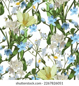 Seamless pattern with flowers narcissus, tulips, floral illustration in modern style.  Floral pattern for invitations, cards, print, gift wrap, manufacturing, textile, fabric.