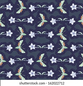 Seamless pattern with flowers and nocturnal moths