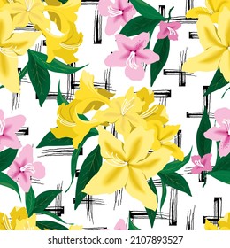 Seamless pattern of flowers on an abstract background. Hand drawn vector illustrations.