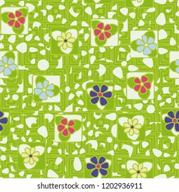 Seamless pattern with flowers on the background of messy spots and a grid of uneven concentric squares.