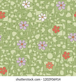 Seamless pattern with flowers on the background of messy spots and a grid of uneven concentric squares.