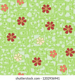 Seamless pattern with flowers on the background of messy spots and a grid of uneven concentric squares.