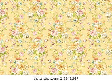 Seamless pattern with flowers on background, floral illustration in modern style.  Floral pattern for invitations, cards, print, gift wrap, manufacturing, textile, fabric.