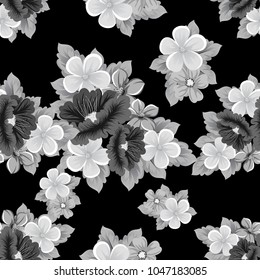 seamless pattern of flowers on black background. For your fabric design, greeting, invitation. For wedding party birthday celebration. Vector illustration.