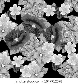 seamless pattern of flowers on black background. For your fabric design, greeting, invitation. For wedding party birthday celebration. Vector illustration.