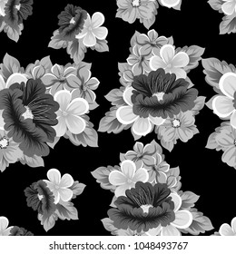seamless pattern of flowers on black background. For your fabric design, greeting, invitation. For wedding party birthday celebration. Vector illustration.