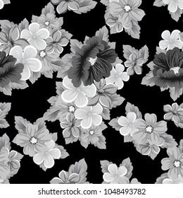 seamless pattern of flowers on black background. For your fabric design, greeting, invitation. For wedding party birthday celebration. Vector illustration.