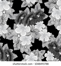 seamless pattern of flowers on black background. For your fabric design, greeting, invitation. For wedding party birthday celebration. Vector illustration.