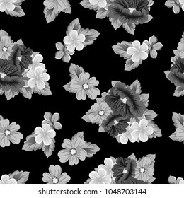 seamless pattern of flowers on black background. For your fabric design, greeting, invitation. For wedding party birthday celebration. Vector illustration.