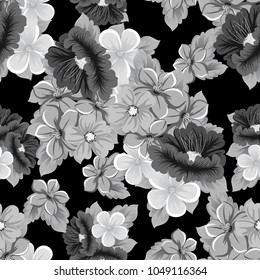 seamless pattern of flowers on black background. For your fabric design, greeting, invitation. For wedding party birthday celebration. Vector illustration.