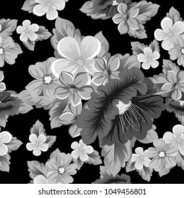 seamless pattern of flowers on black background. For your fabric design, greeting, invitation. For wedding party birthday celebration. Vector illustration.
