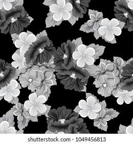 seamless pattern of flowers on black background. For your fabric design, greeting, invitation. For wedding party birthday celebration. Vector illustration.