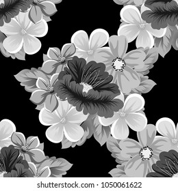 seamless pattern of flowers on black background. For your fabric design, greeting, invitation. For wedding party birthday celebration. Vector illustration.