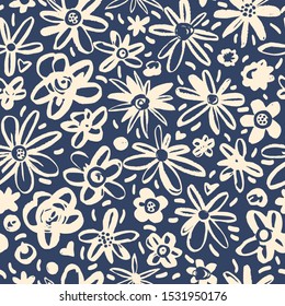 Seamless pattern with flowers on a black background. Drawn with a dry brush and colored ink. Monochrome ornament.