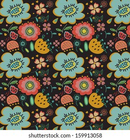 Seamless pattern with flowers on black background.Vector.