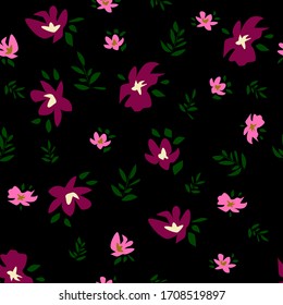 Seamless pattern with flowers on a black background. For wrapping paper, textiles, wall paper, pillow prints, bedding, clothing, underwear, postcards
