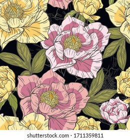 Patrón sin inconvenientes con flores sobre un fondo negro. Diseño para papel pintado, tela, papel de envoltura, arte de portada y mucho más. Ilustración del vector