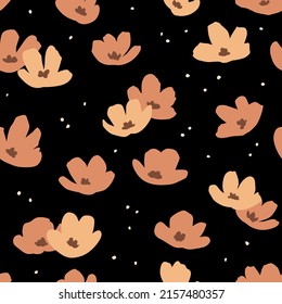 Seamless pattern with flowers on black background. Cute summer illustration. Vector texture for print, textile, fabric, packaging.
