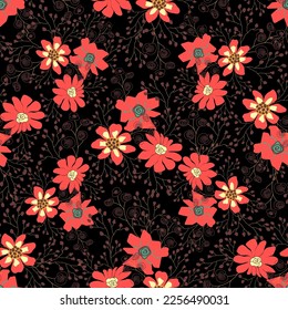 Seamless pattern with  flowers  on black background. Linear hand drawn vector illustration.