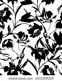 Seamless pattern with flowers on a black background. Monochrome illustration. Silhouettes. Endless design with delicate wild flowers for printing and decoration. Repeatable botanical backdrop.