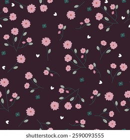Seamless pattern with flowers on black background. Hand drawn floral pattern for wrapping paper, fabric, clothes.	
