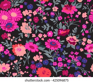 Seamless pattern with flowers on a black background. Vector illustration.