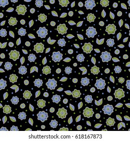 Seamless pattern with flowers on a black backdrop. Stylish beautiful seamless pattern. Background in blue and green colors for gift wrapping. Vector wallpaper design. Decoration fabric.