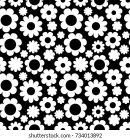 Seamless pattern with flowers on black background. Vector illustration. Wallpaper with cute daisy