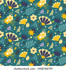 Seamless pattern with flowers on a blue background. Vector graphics