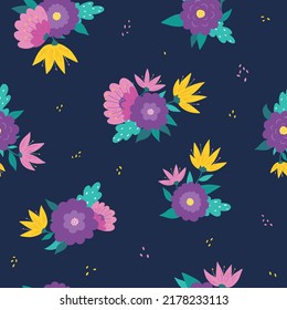 seamless pattern with flowers on blue background. Hand drawn abstract flowers and leaves for textile prints, scrapbooking, wallpaper, wrapping paper, sublimation, backgrounds, etc. EPS 10
