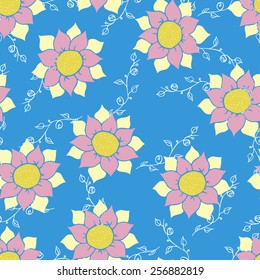 Seamless pattern of flowers on a blue background. Pastel nature background