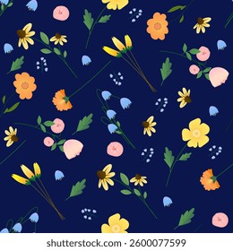 Seamless pattern with flowers on a blue backdrop. Stylish beautiful seamless pattern. Background for gift wrapping, textile. Vector wallpaper design. Decoration fabric