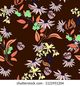 Seamless pattern with  flowers on a brown background.