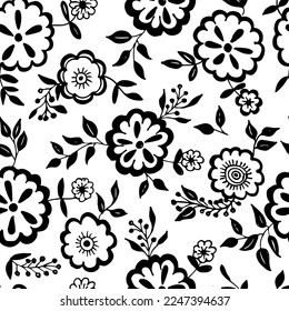 Seamless pattern with flowers on curved thin stems and beatiful leaves  . Brush drawn elegant flowers. Spring or summer pattern design. Hand drawn vector botanical ornament. Sketch drawing. 
