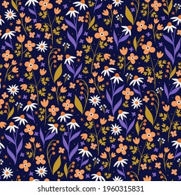 Patrón sin foco con flores sobre un fondo azul oscuro. Gráficos vectoriales.