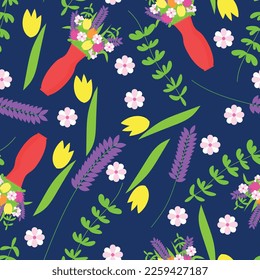 Seamless pattern with flowers on dark background. Vector illustration.