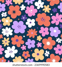 Seamless pattern with flowers on dark background. Hand drawn texture for print, textile, packaging. Nursery decor. Vector illustration.